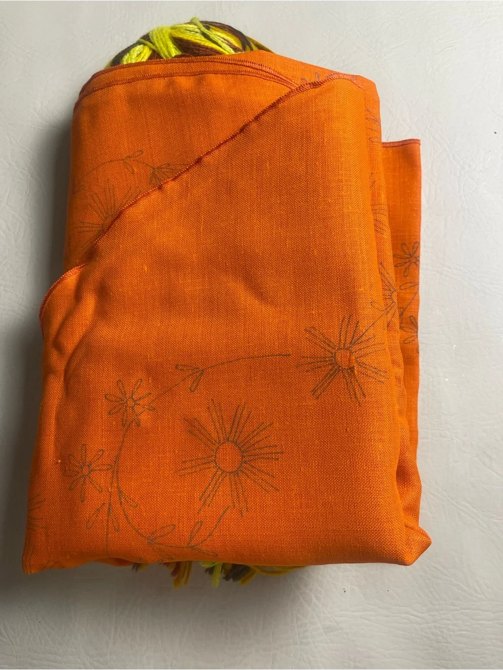 Vintage Crewel Embroidered Tablecloth kit burnt orange oval 50x69